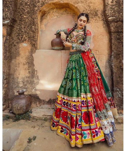 Butter Silk Heavy Gujrati Kutchi Work Navratri Special Chaniya Choli - Heavy Butter Silk, 4 Mtr Flair, 44 Inch Length | Real Mirror Work, Fancy Hand Work Lace, Fully Stitched