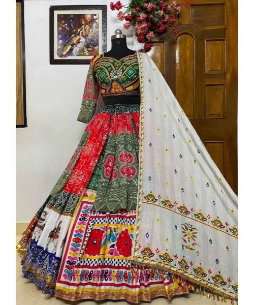 Butter Silk Heavy Gujrati Kutchi Work Navratri Special Chaniya Choli - Heavy Butter Silk, 4 Mtr Flair, 44 Inch Length | Real Mirror Work, Fancy Hand Work Lace, Fully Stitched