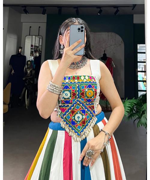 White Color Rayon Lehenga Choli - Pure Rayon Fabric, 41" Length, 8 Meter Flair, Drawstring Waist (Up To 42) | Gota Patti Lace & Mirror Gamthi Work