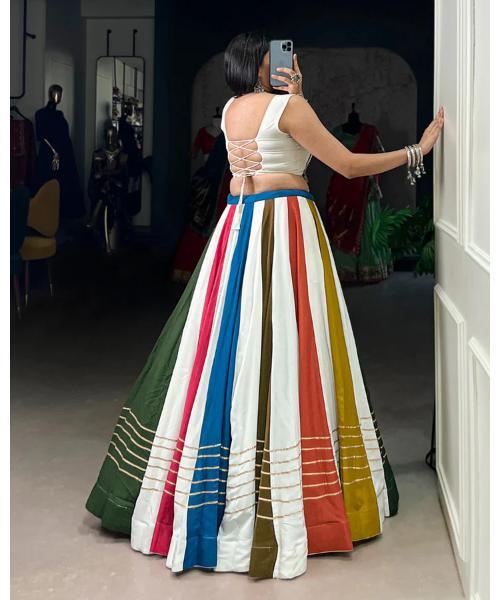 White Color Rayon Lehenga Choli - Pure Rayon Fabric, 41" Length, 8 Meter Flair, Drawstring Waist (Up To 42) | Gota Patti Lace & Mirror Gamthi Work