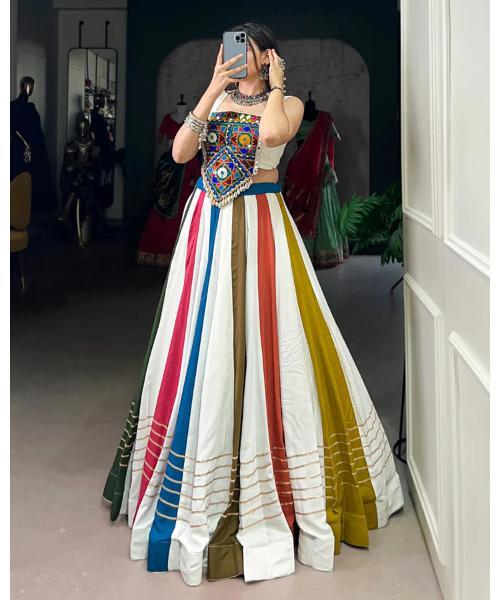 White Color Rayon Lehenga Choli - Pure Rayon Fabric, 41" Length, 8 Meter Flair, Drawstring Waist (Up To 42) | Gota Patti Lace & Mirror Gamthi Work