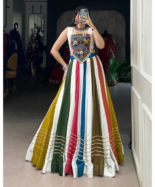 White Color Rayon Lehenga Choli - Pure Rayon Fabric, 41" Length, 8 Meter Flair, Drawstring Waist (Up To 42) | Gota Patti Lace & Mirror Gamthi Work