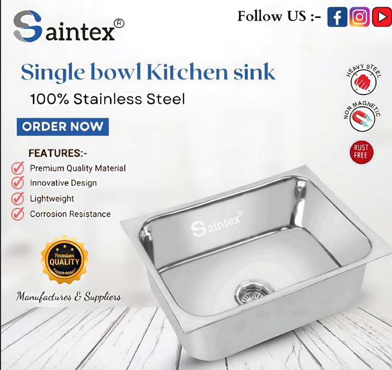 Single Bowl Kitchen Sink - Stainless Steel, 24x18x9 inches, Silver Polished Finish | Corrosion Resistant, Lightweight Design for Home & Commercial Use