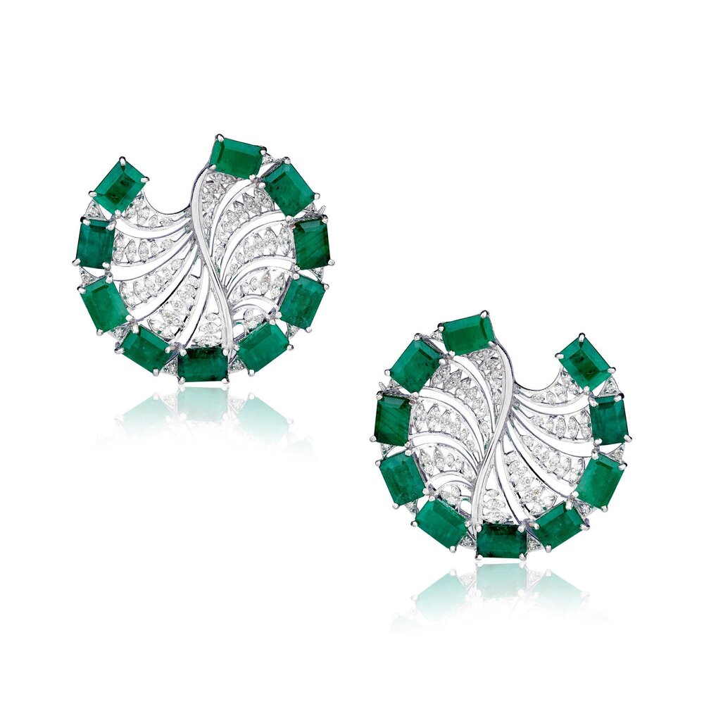 Emerald & Lab Grown Diamond Wheel Earrings in 18K White Gold