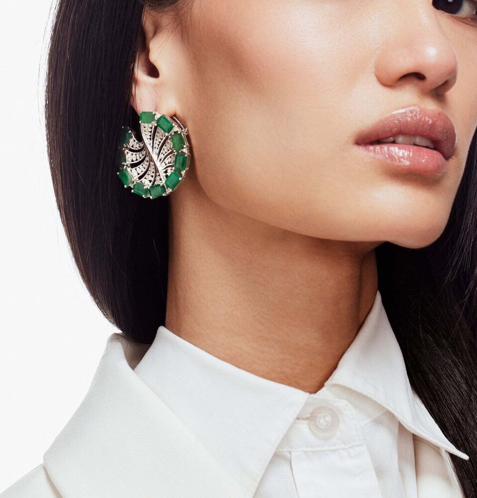 Emerald & Lab Grown Diamond Wheel Earrings in 18K White Gold