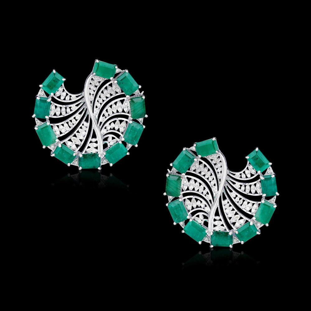 Emerald & Lab Grown Diamond Wheel Earrings in 18K White Gold