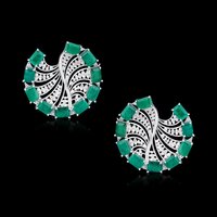 Emerald & Lab Grown Diamond Wheel Earrings in 18K White Gold