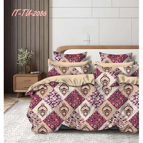 King Size Flat Bedsheet 180 TC Polycotton Checkered Patchwork Print Purple, Beige & Brown Floral Design Bed Sheet