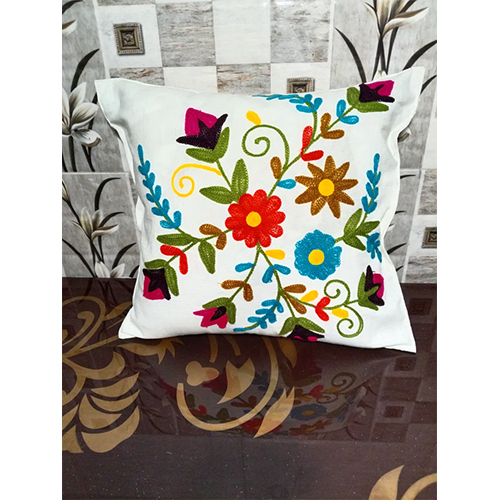 Artisan Crafted Kashmiri Crewelwork Pillow Cover - Vibrant Floral Hand Embroidery Decor