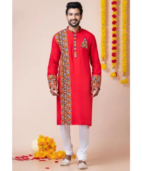 Navratri Special Rayon Kurta Set - Rayon Fabric, Available In Red With Off White Churidar | Enhanced With Resham, Kutch, And Mirror Work