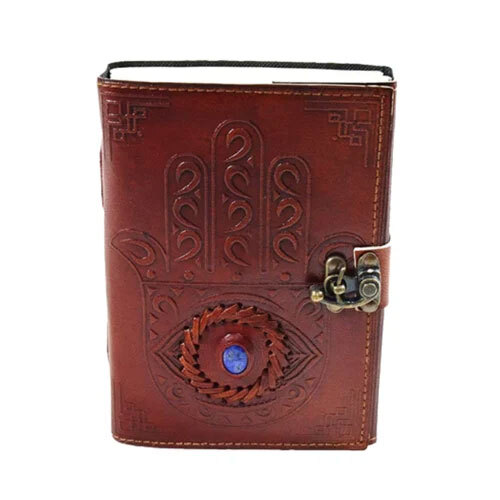 Hamsa Hand Stone Leather Journal Unruled - Color: Red