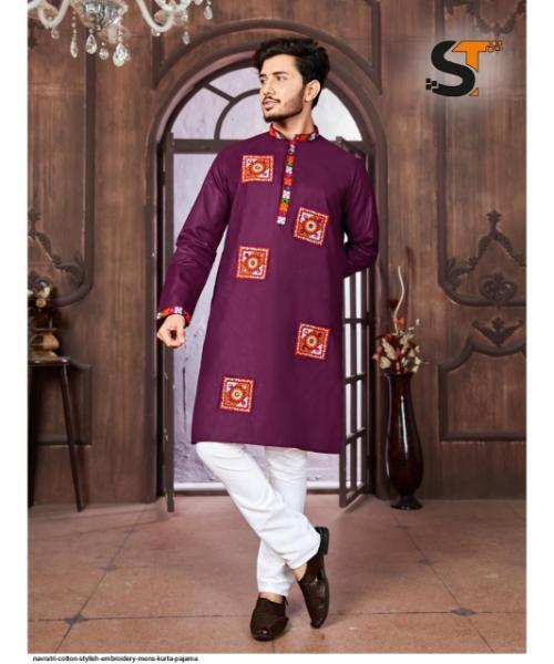 NAVRATRI COTTON STYLISH EMBROIDERY MENS KURTA PAJAMA