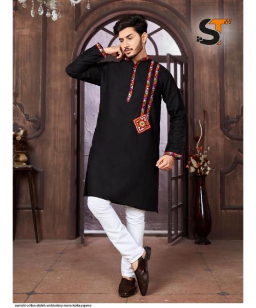 NAVRATRI COTTON STYLISH EMBROIDERY MENS KURTA PAJAMA