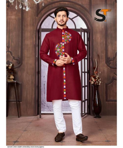 NAVRATRI COTTON STYLISH EMBROIDERY MENS KURTA PAJAMA