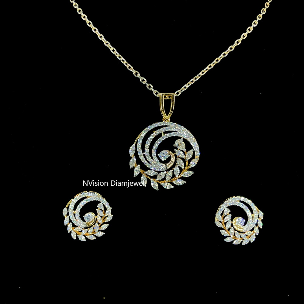 Eternal Sparkling Swirl Leaf  Natural Pear and Marquise Diamond Pendant Set