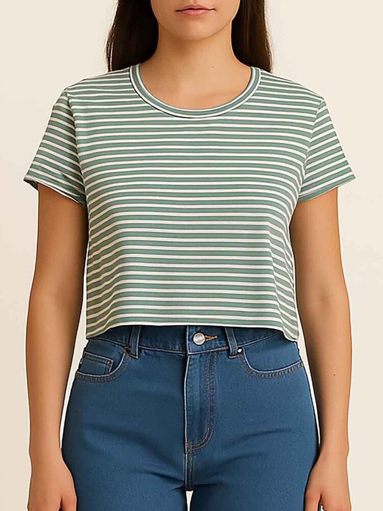 Ladies Green Striped Visose  Crop Top