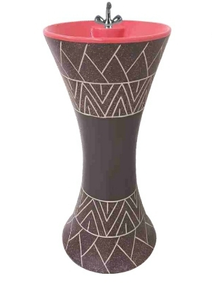 One Piece Glossy Brown Finish and Wood-Patterned Design Floor-Mounted Basin