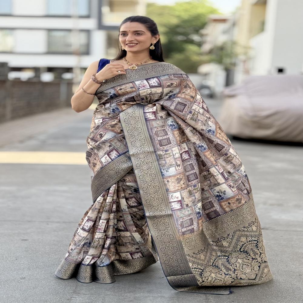 Soft Silk Saree - 5.5 Meters, Beige-cream Base With Multicolor Digital Vintage Frame & Floral Mosaic Print, Elegant Zari Woven Border And Heavy Pallu