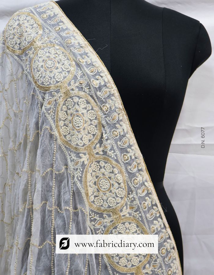 Dyeable Embroidered Chiffon Thread and Sequins Work Dupatta