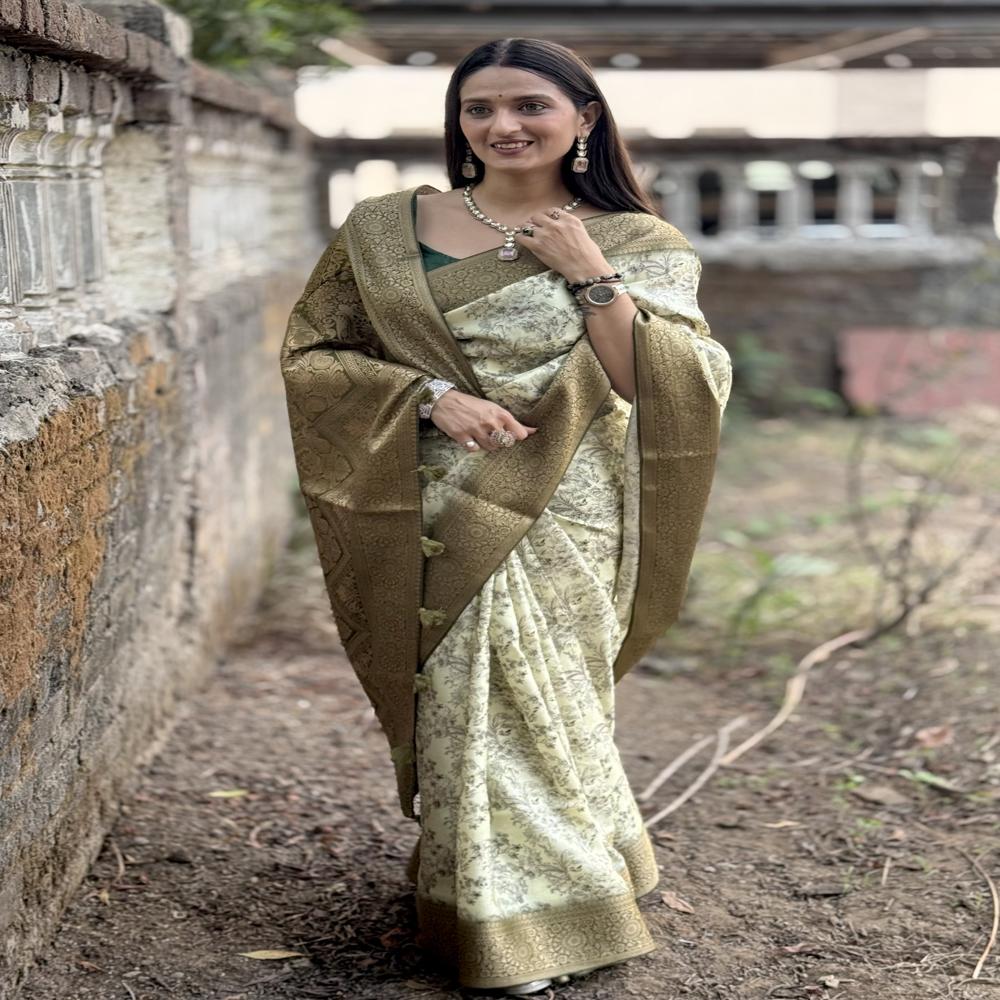 Ethnic Saree - Color: Olive Cream