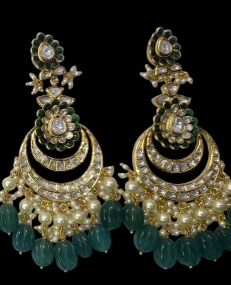 18Kt Gold Hallmarked Uncut Polki Chandbali Earrings