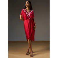 Lehr V Neck Mock Wrap Short Dress - Color: Red