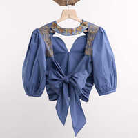 Lehr Blue Bow Tie Cropped Top