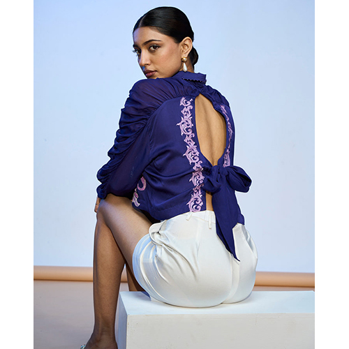 Lehr Blue Bow Tie Cropped Shirt