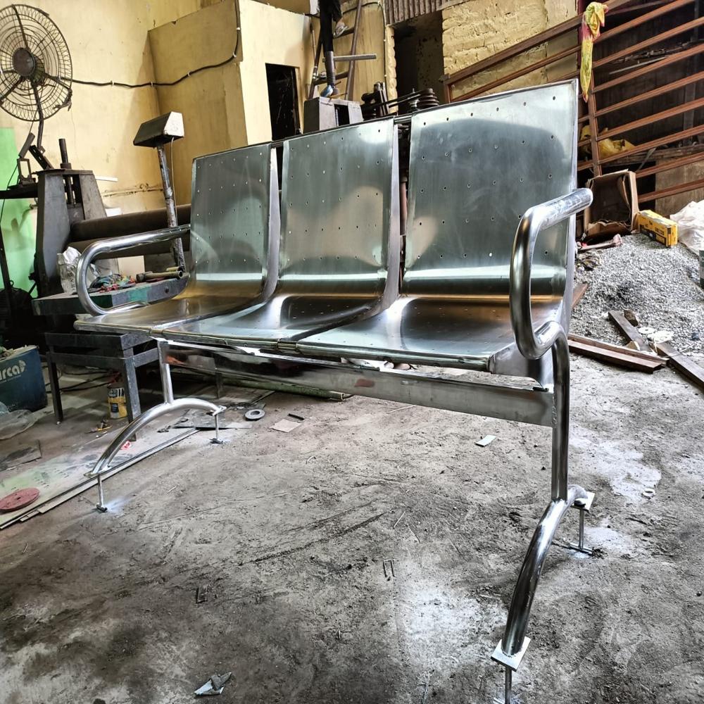 Mild Steel Three Seater Waiting Chair - Color: Silver