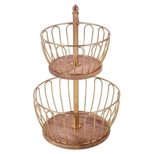 2 Tier Wire Fruit Kitchen Storage Basket - Color: Golden