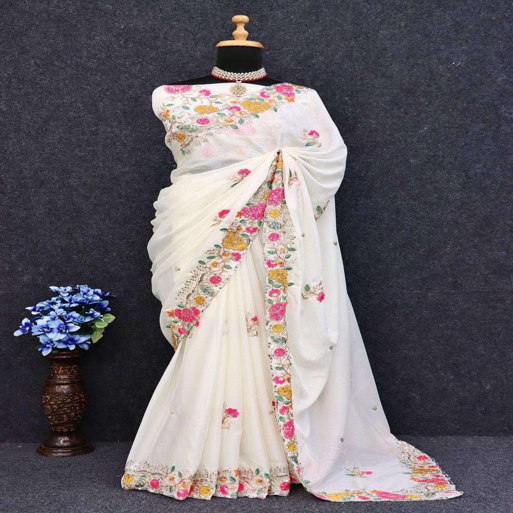 Printed Saree - Color: White