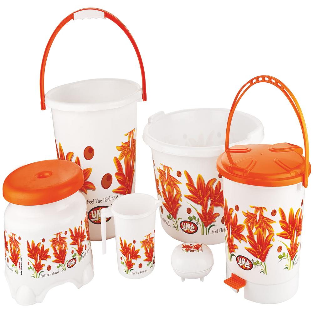 6 Pcs Orange Bathroom Set With Pedal Dustbin