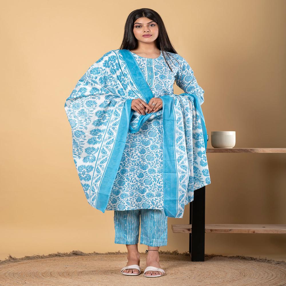 Straight Style Cotton Fabric Blue Color Kurta And Bottom With Dupatta