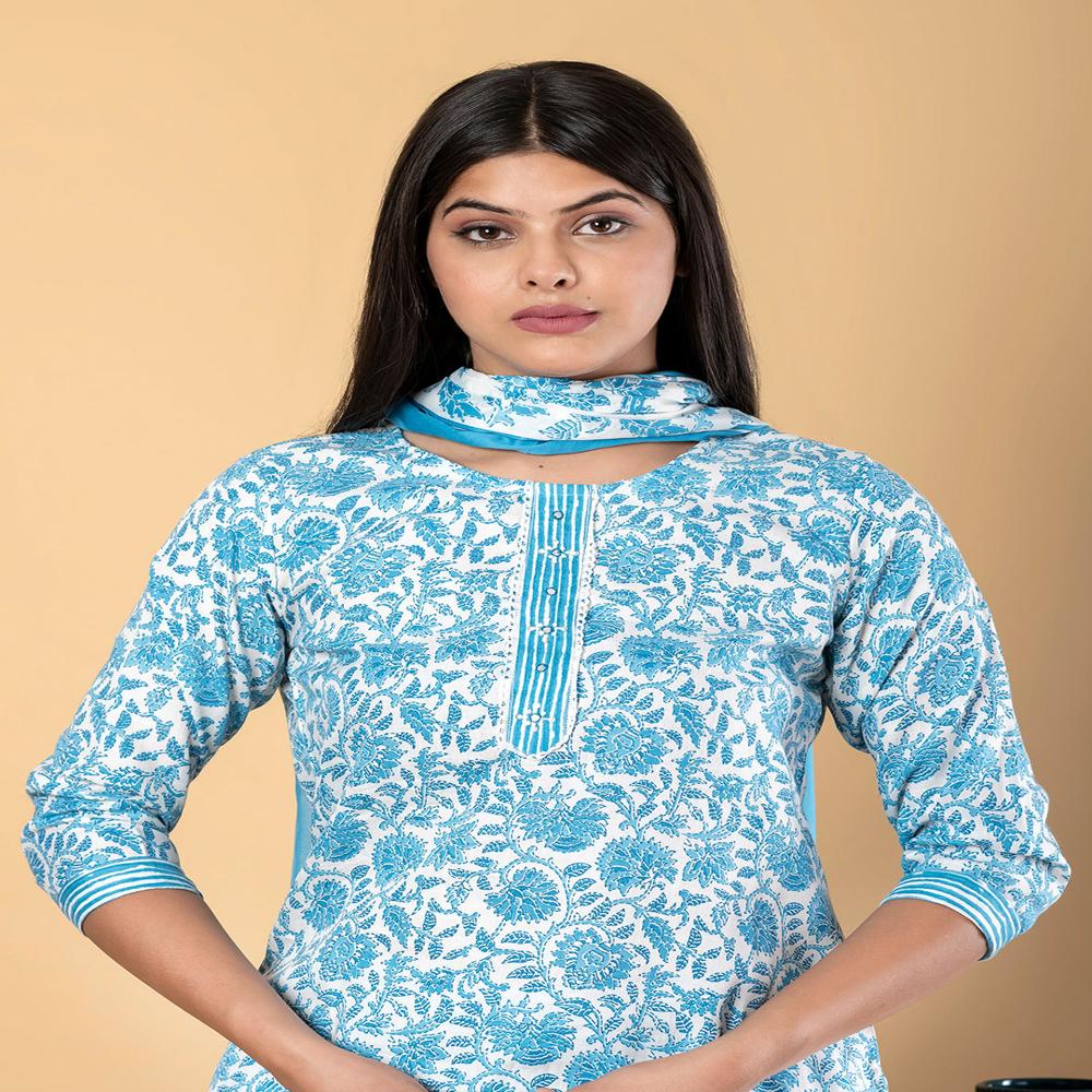 Straight Style Cotton Fabric Blue Color Kurta And Bottom With Dupatta