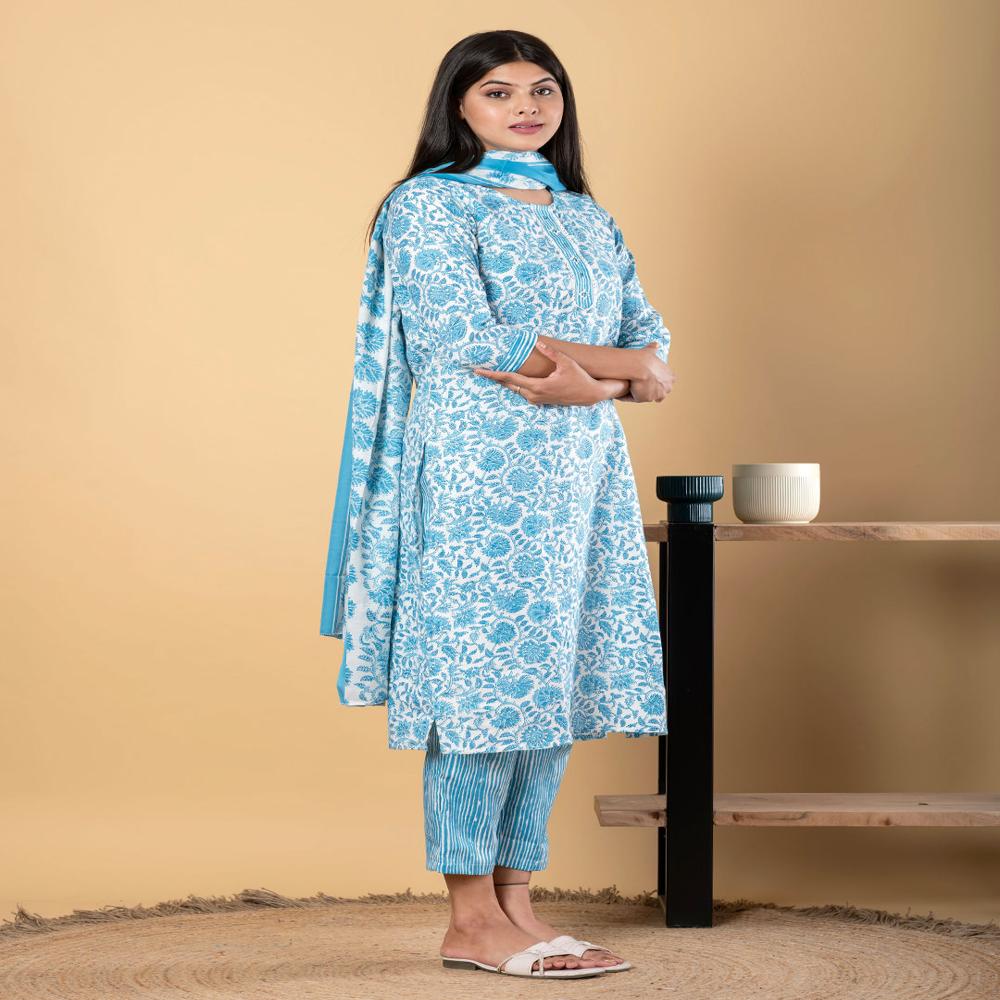 Straight Style Cotton Fabric Blue Color Kurta And Bottom With Dupatta