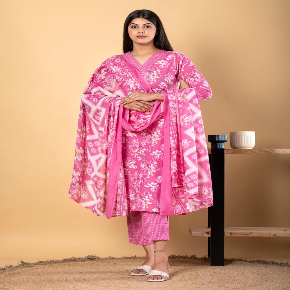 Straight Style Poly Cotton Fabric Pink Color Kurta And Bottom With Dupatta