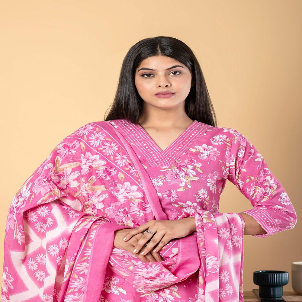 Straight Style Poly Cotton Fabric Pink Color Kurta And Bottom With Dupatta
