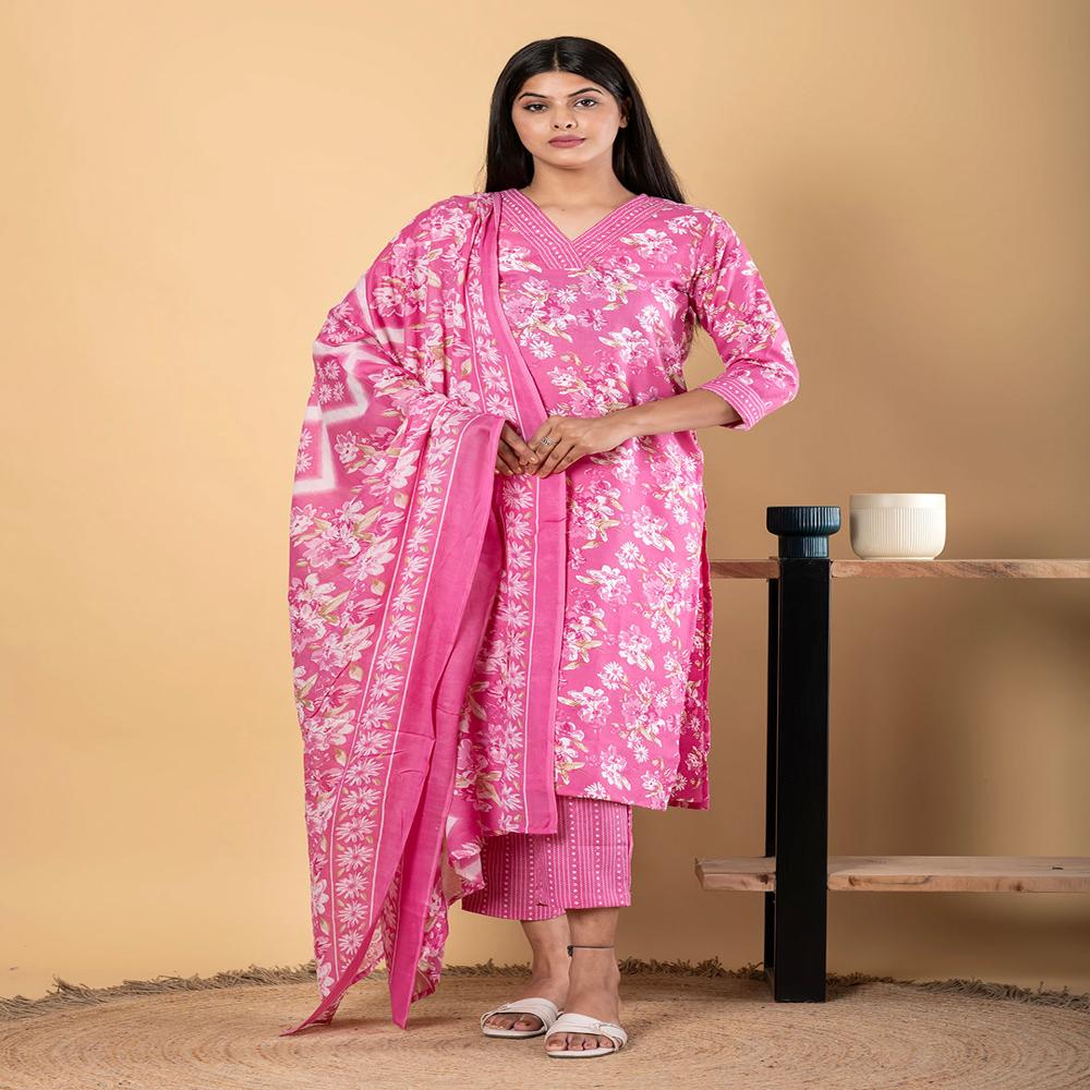 Straight Style Poly Cotton Fabric Pink Color Kurta And Bottom With Dupatta
