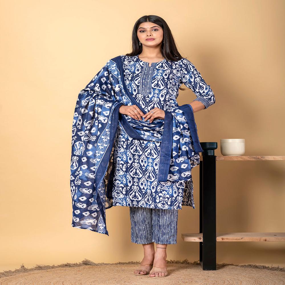 Straight Style Cotton Fabric Blue Color Kurta And Bottom With Dupatta