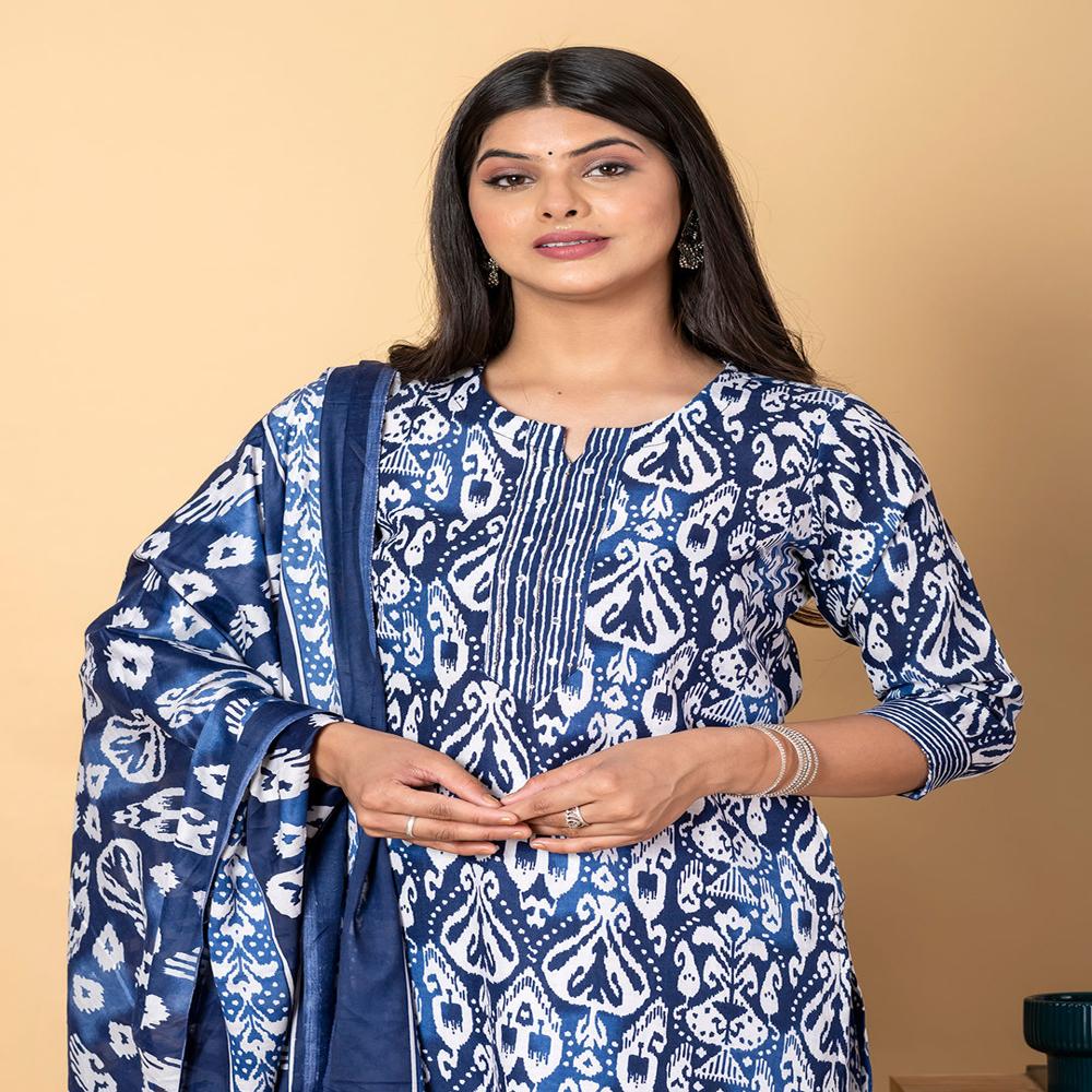 Straight Style Cotton Fabric Blue Color Kurta And Bottom With Dupatta