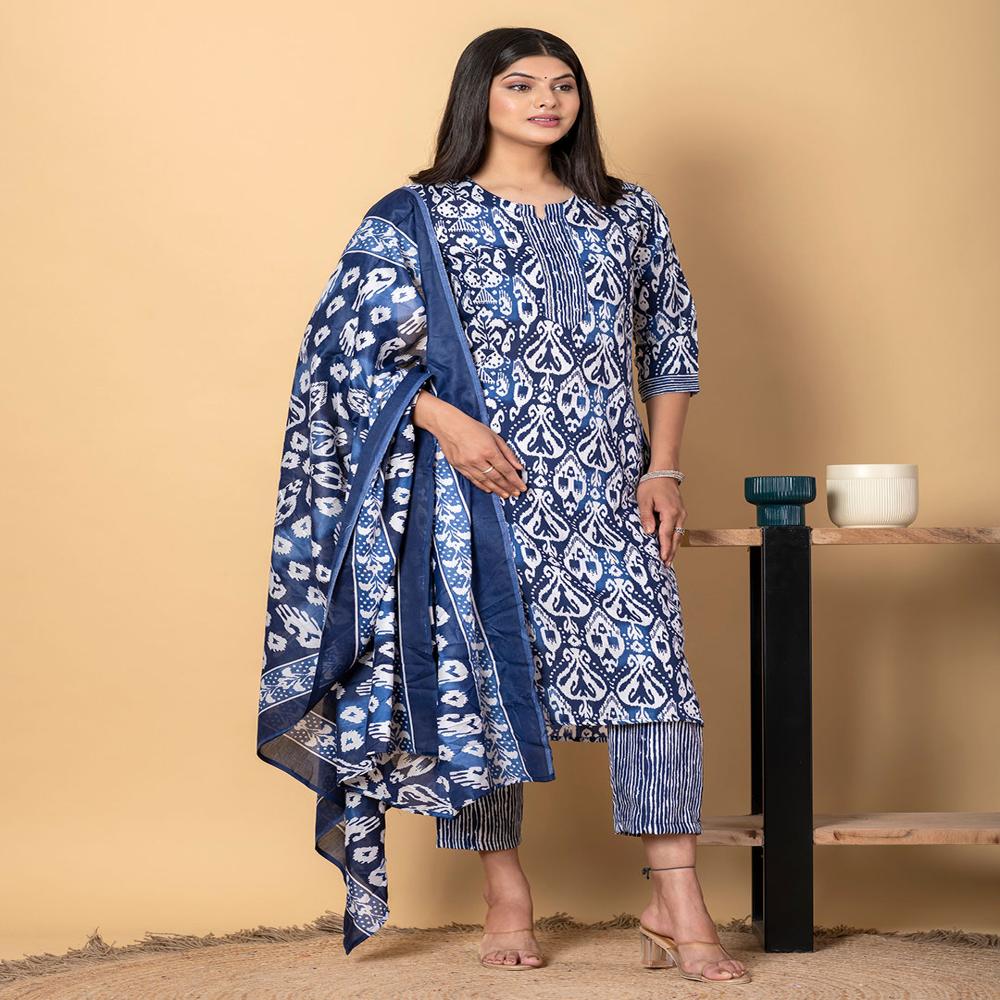 Straight Style Cotton Fabric Blue Color Kurta And Bottom With Dupatta