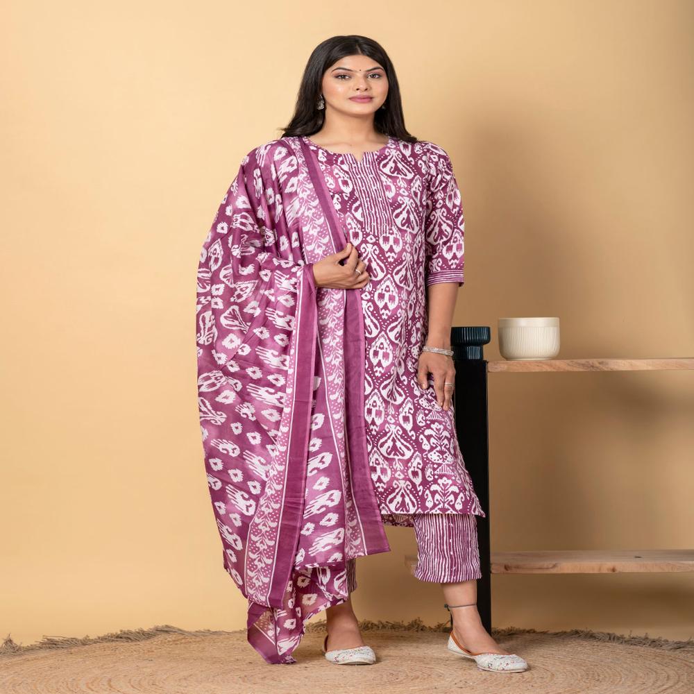 Straight Style Poly Cotton Fabric Purple Color Kurta And Bottom With Dupatta