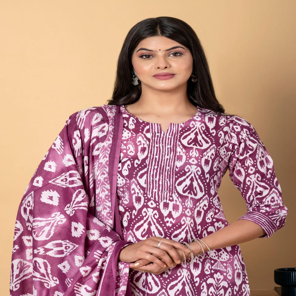 Straight Style Poly Cotton Fabric Purple Color Kurta And Bottom With Dupatta