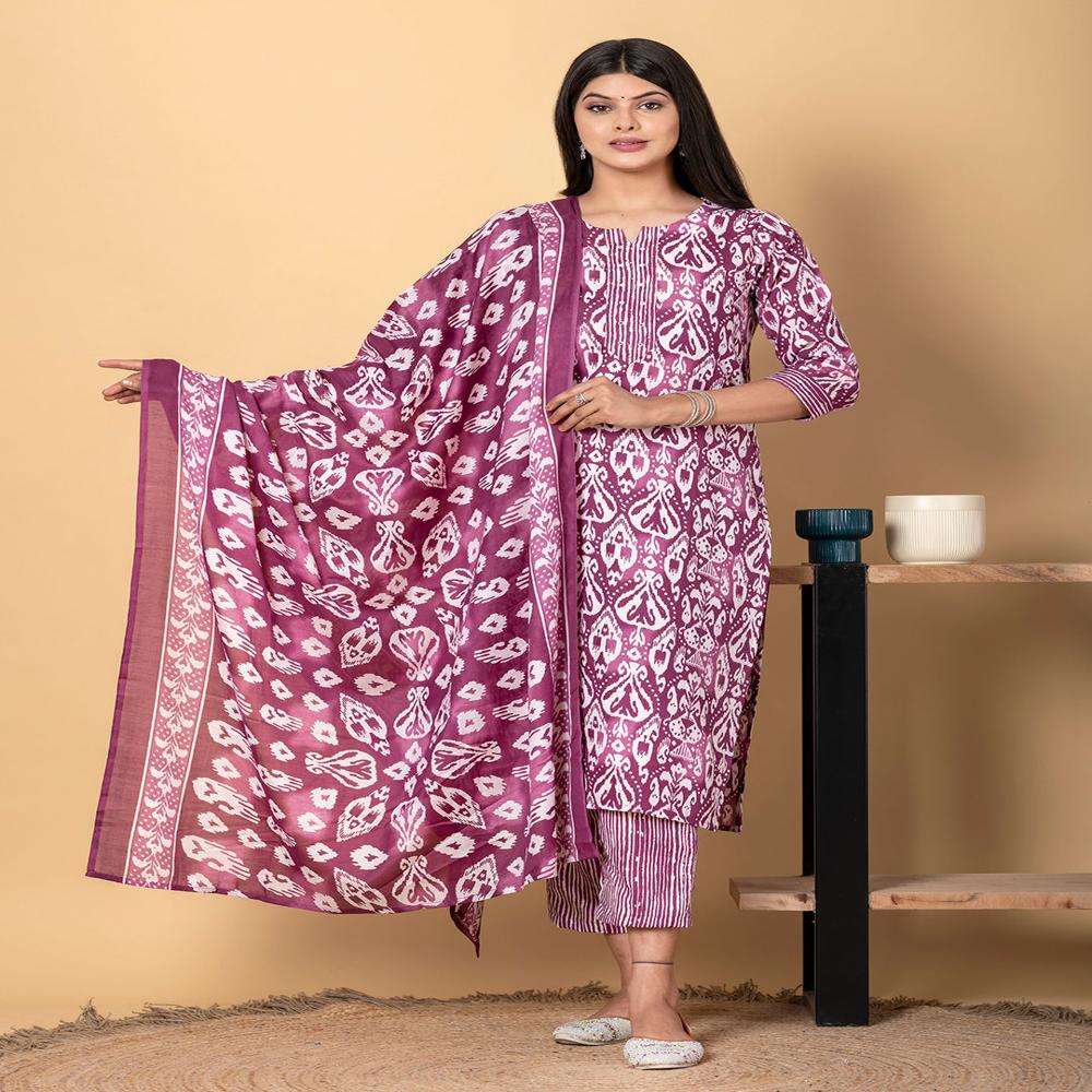 Straight Style Poly Cotton Fabric Purple Color Kurta And Bottom With Dupatta