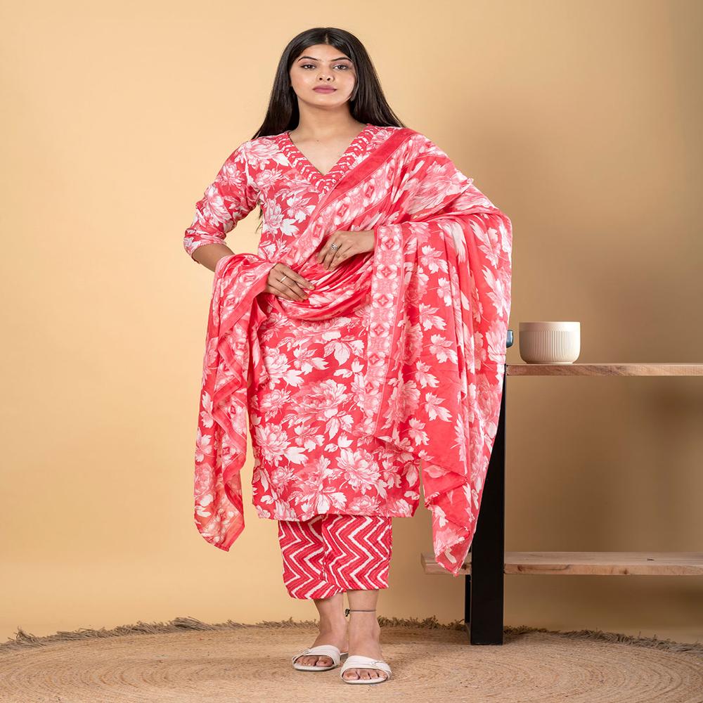 Straight Style Poly Cotton Fabric Red Color Kurta And Bottom With Dupatta