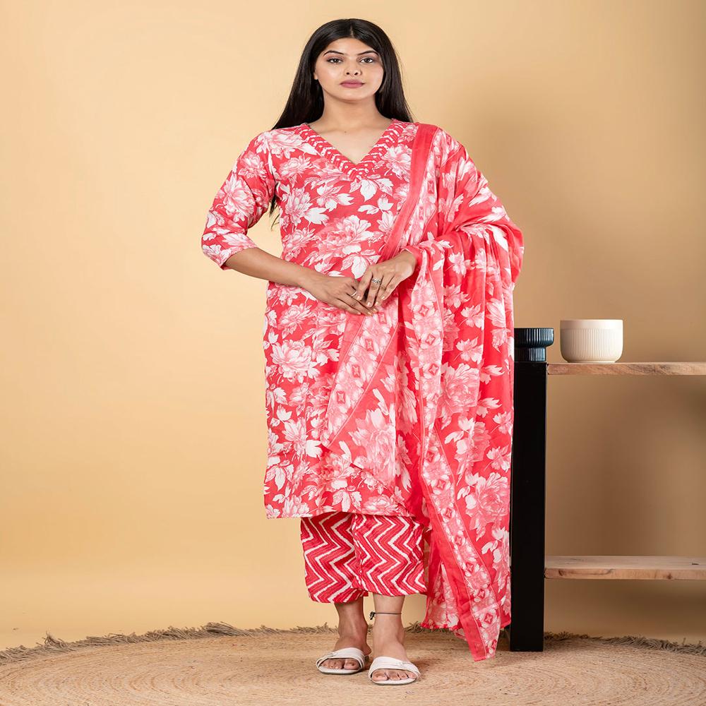 Straight Style Poly Cotton Fabric Red Color Kurta And Bottom With Dupatta
