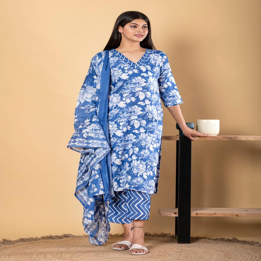Straight Style Poly Cotton Fabric Blue Color Kurta And Bottom With Dupatta