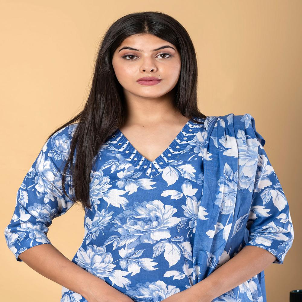 Straight Style Poly Cotton Fabric Blue Color Kurta And Bottom With Dupatta