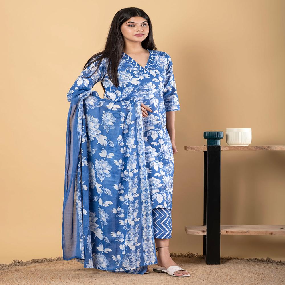Straight Style Poly Cotton Fabric Blue Color Kurta And Bottom With Dupatta