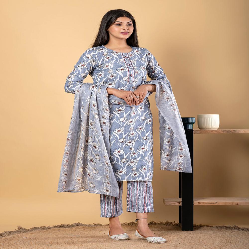 Straight Style Cotton Fabric Grey Color Kurta And Bottom With Dupatta